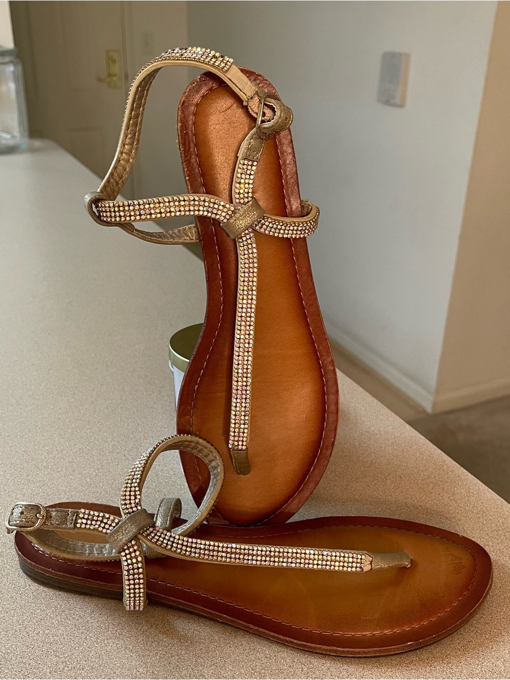 Gold Rhinestone T-Strap Women's Sandals